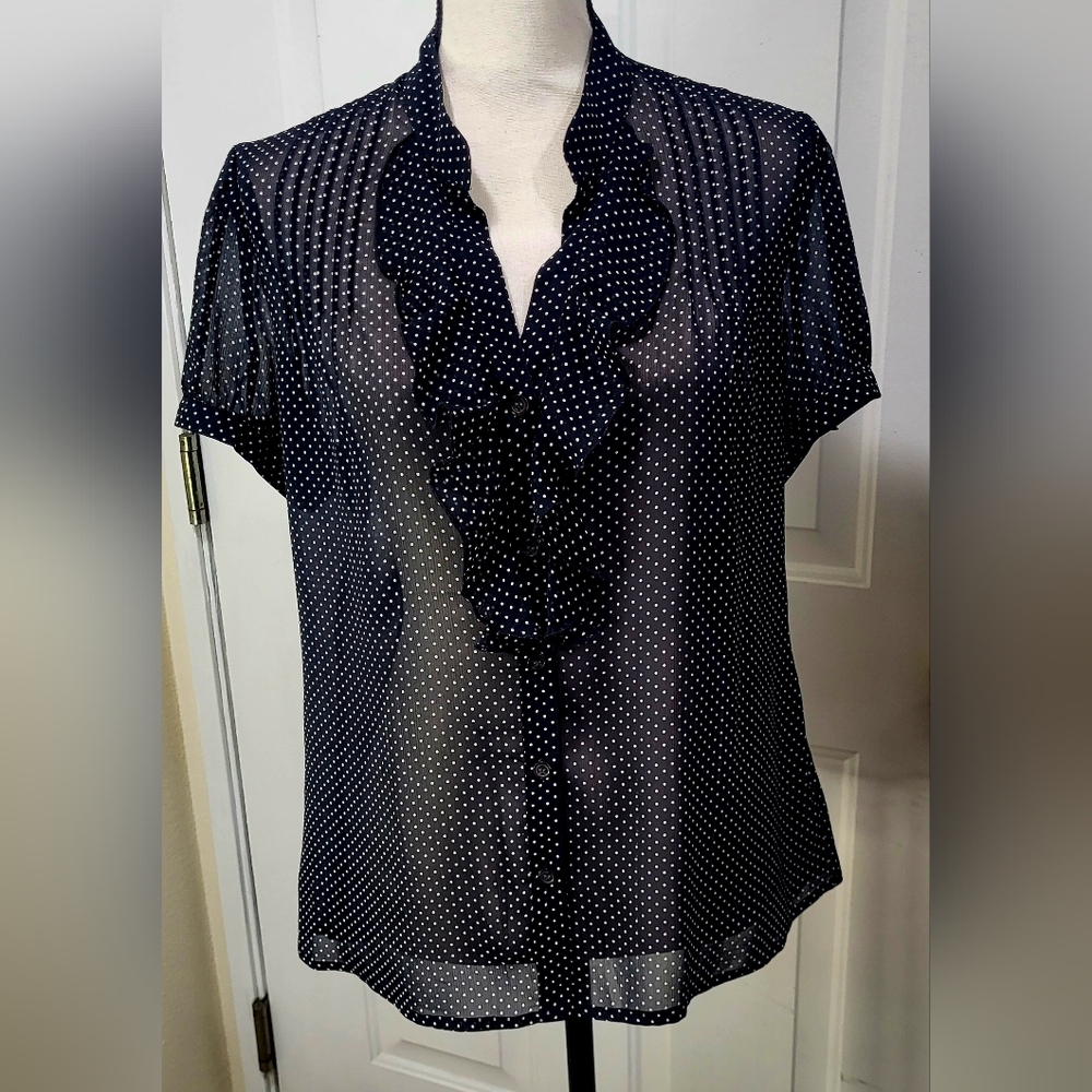 The Limited Sheer Black - White Dots Pintuck Ruffled Blouse Short Sleeve Size L